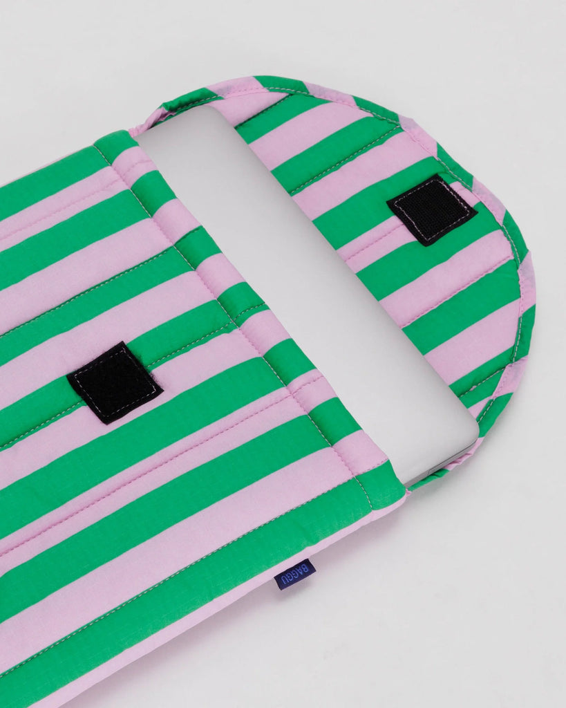Baggu Puffy Laptop Sleeve 16" - Pink Green Awning Stripe